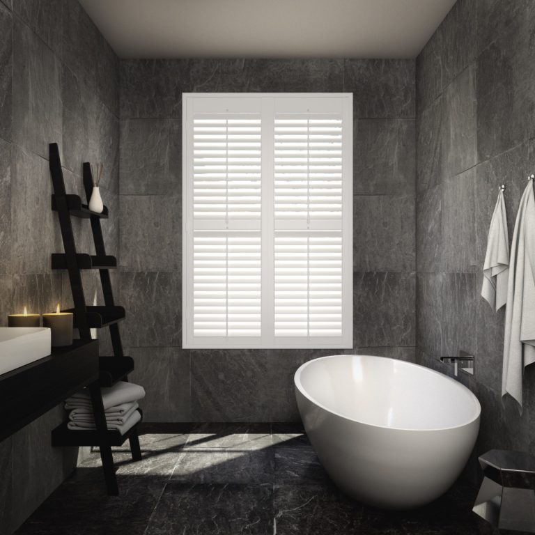 Waterproof PVC Shutters Wolverhampton Bathroom Waterproof PVC plantation shutters in modern Wolverhampton bathroom | Durable West Midlands solutions